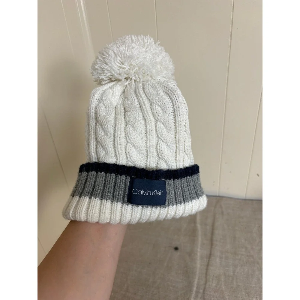 Calvin Klein Beanie Hat Womens OS Cream Cable Knit Pom Pom Striped Cuff Logo